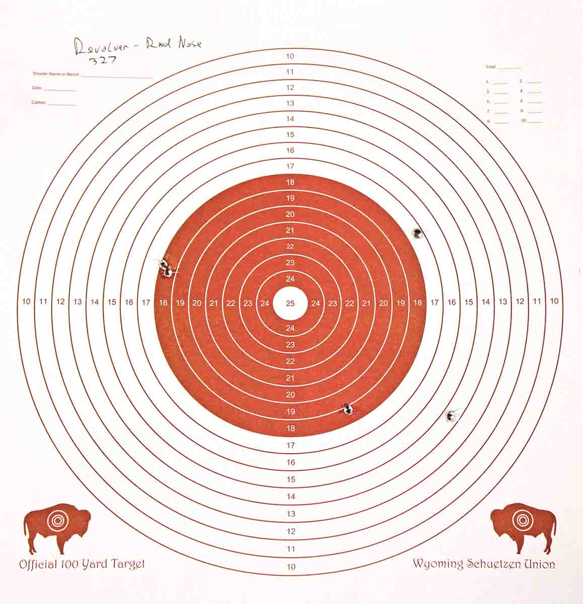 The .327 Magnum Ruger revolver produced this group at 25 yards using 17 grains of Swiss 3Fg and roundnose bullets.